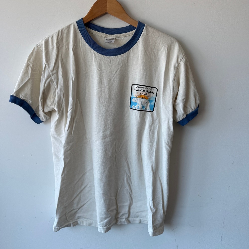 Vintage Anvil Coney Island Polar Bear Club Ringer T-Shirt White Blue Mens Medium